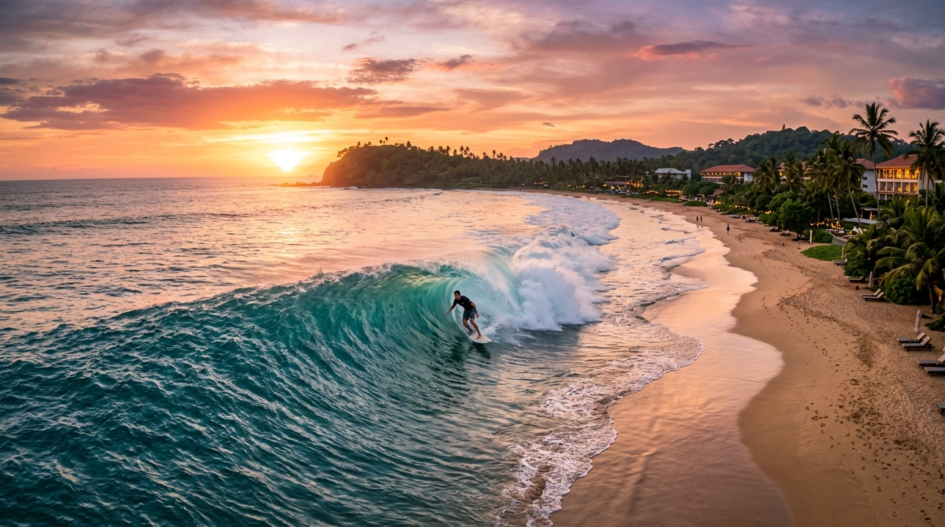 Surfer catching a wave at sunset in Weligama